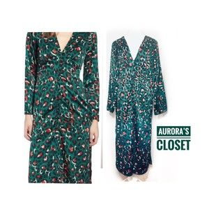 Leith L Emerald Green Dress Cyrus Bold Animal Cheetah Long Sleeve Midi NWT